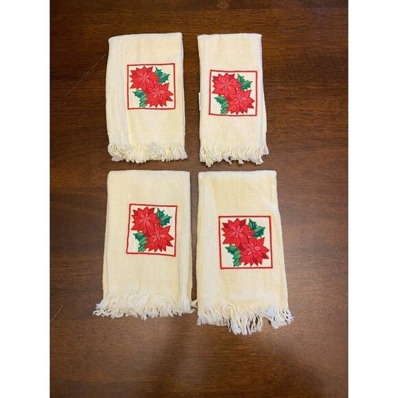 Mid Century Vintage Unbranded Embroidered Christmas Poinsetta Hand Towel Set 4 - Picture 1 of 5